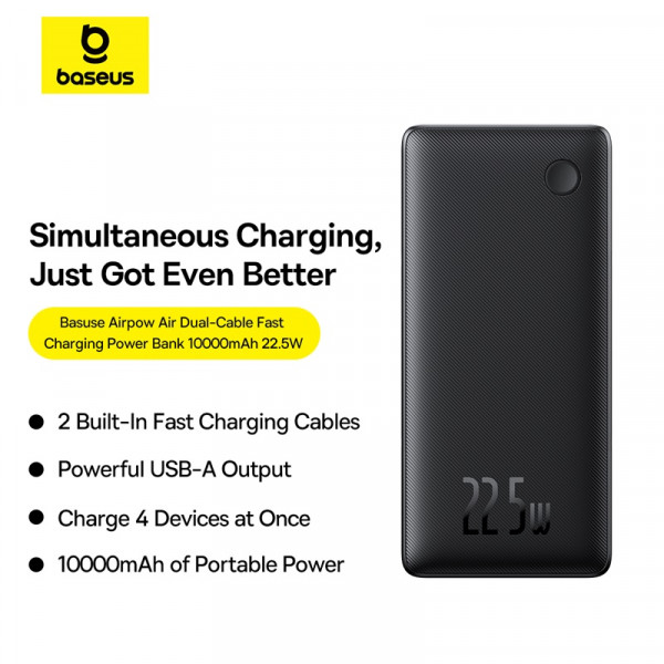 PIN DỰ PHÒNG BASEUS AIRPOW LITE POWER BANK 10000MAH 22.5W DUAL CABLE ĐEN