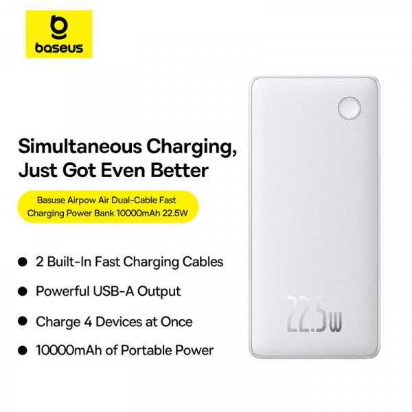 PIN DỰ PHÒNG BASEUS AIRPOW LITE POWER BANK 10000MAH 22.5W DUAL CABLE TRẮNG