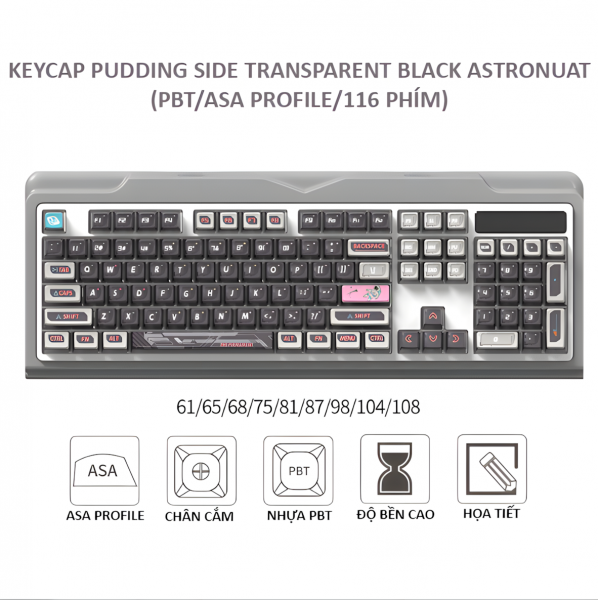 BỘ KEYCAP PUDDING SIDE TRANSPARENT BLACK ASTRONUAT (PBT/ASA PROFILE/116 PHÍM)