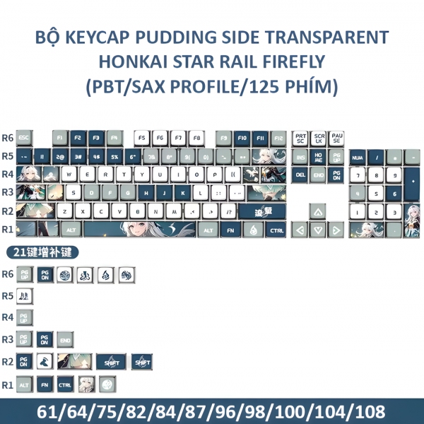 BỘ KEYCAP PUDDING SIDE TRANSPARENT HONKAI FIREFLY (PBT/SAX PROFILE/125 PHÍM)