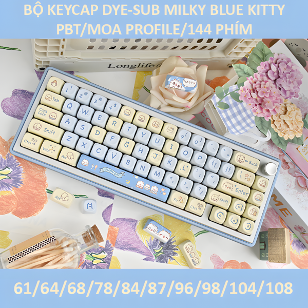 BỘ KEYCAP DYE-SUB MILKY BLUE KITTY (PBT/MOA PROFILE/144 PHÍM)