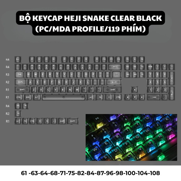 BỘ KEYCAP HEJI SNAKE CLEAR BLACK (PC/MDA PROFILE/115 PHÍM)