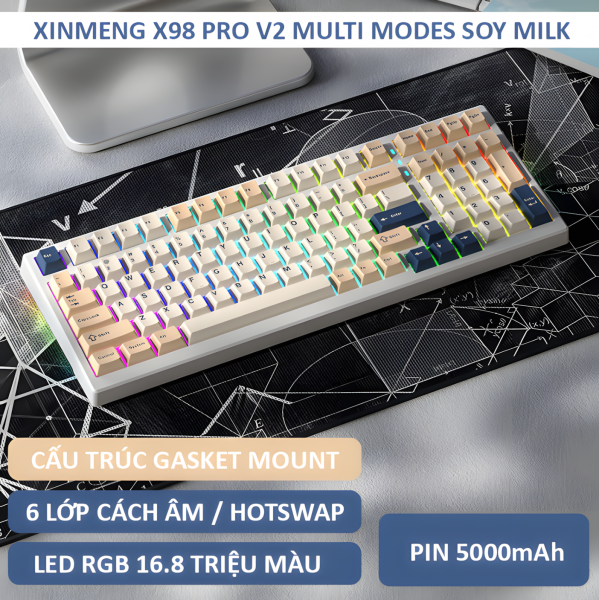 BÀN PHÍM CƠ XINMENG X98 PRO V2 MULTI MODES SOY MILK WHITE JADE SWITCH