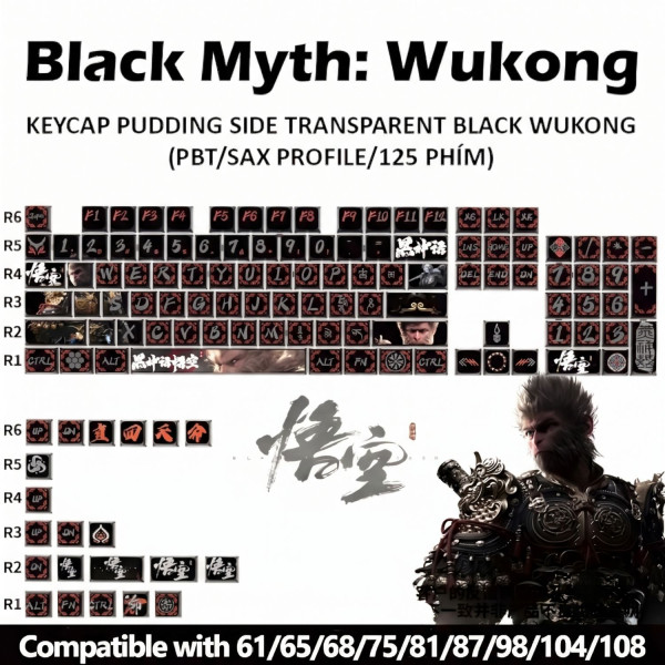 BỘ KEYCAP PUDDING SIDE TRANSPARENT BLACK WUKONG (PBT/SAX PROFILE/125 PHÍM)
