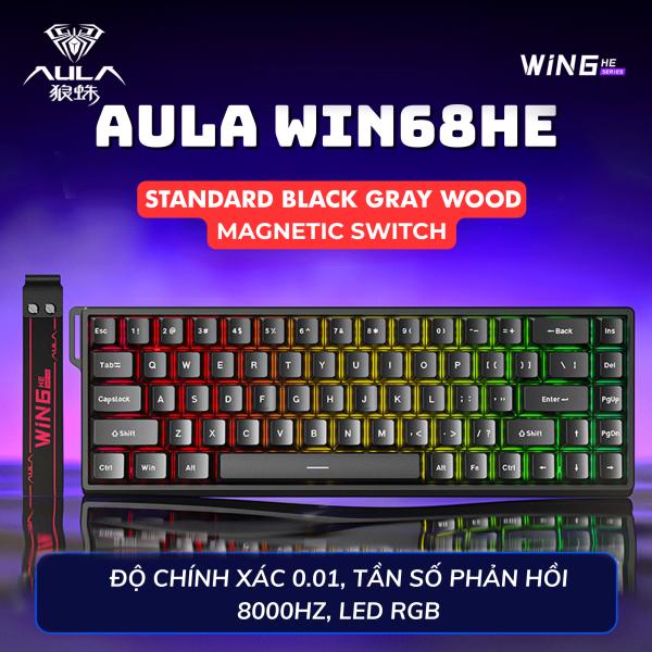 BÀN PHÍM CƠ AULA WIN68HE STANDARD BLACK GRAY WOOD MAGNETIC SWITCH