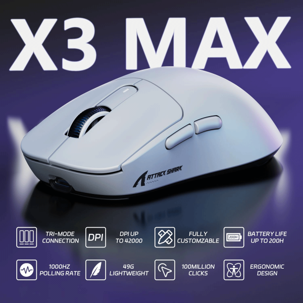 CHUỘT ATTACK SHARK X3 MAX MULTI MODES TRẮNG (PAW3950/49G)
