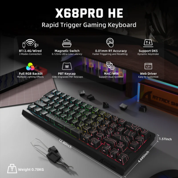 BÀN PHÍM CƠ ATTACK SHARK X68HE PRO MULTI MODES 8K BLACK CONTOUR MAGNETIC AMBER SWITCH