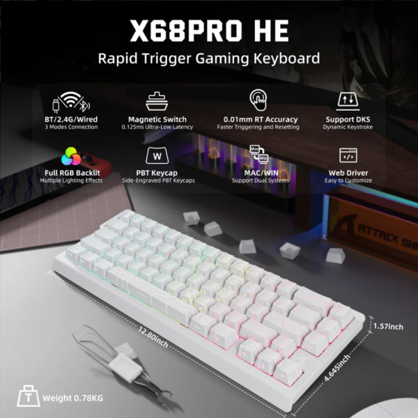 BÀN PHÍM CƠ ATTACK SHARK X68HE PRO MULTI MODES 8K WHITE CONTOUR MAGNETIC AMBER SWITCH