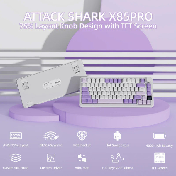 BÀN PHÍM CƠ ATTACK SHARK X85 PRO MULTI MODES LAVENDER STRAWBERRY SWITCH