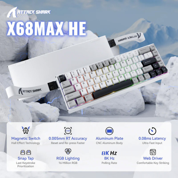 BÀN PHÍM CƠ ATTACK SHARK X68HE MAX CNC STARLIGHT WHITE MAGNETIC AMBER SWITCH