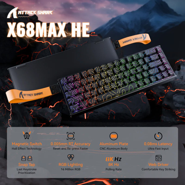BÀN PHÍM CƠ ATTACK SHARK X68HE MAX CNC BLACK CONTOUR MAGNETIC AMBER SWITCH