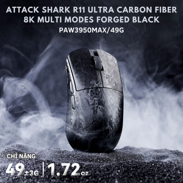 CHUỘT ATTACK SHARK R11 ULTRA CARBON FIBER 8K MULTI MODES FORGED BLACK (PAW3950MAX/49G)