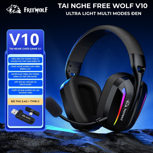 TAI NGHE FREE WOLF V10 ULTRA LIGHT MULTI MODES ĐEN
