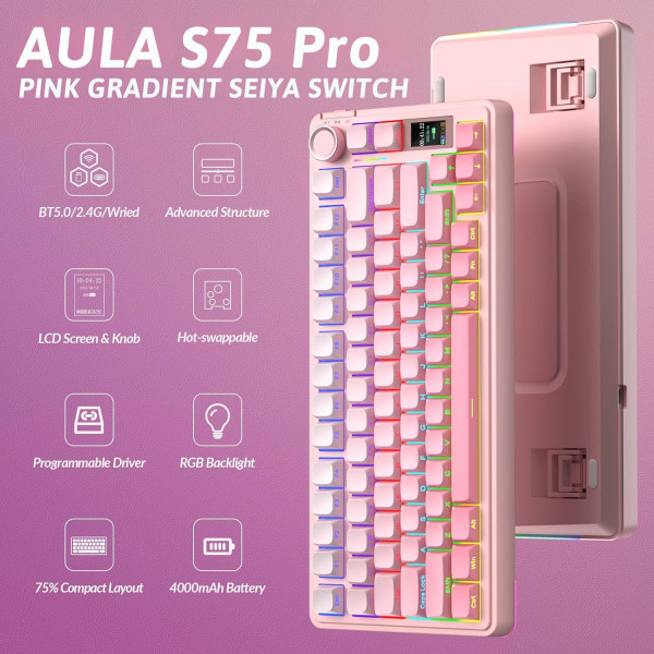 BÀN PHÍM CƠ AULA S75 PRO PINK GRADIENT SEIYA SWITCH