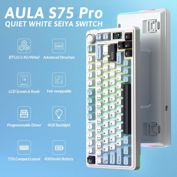 BÀN PHÍM CƠ AULA S75 PRO QUIET WHITE SEIYA SWITCH