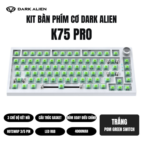 KIT BÀN PHÍM CƠ DARK ALIEN K75 PRO TRẮNG POM GREEN SWITCH