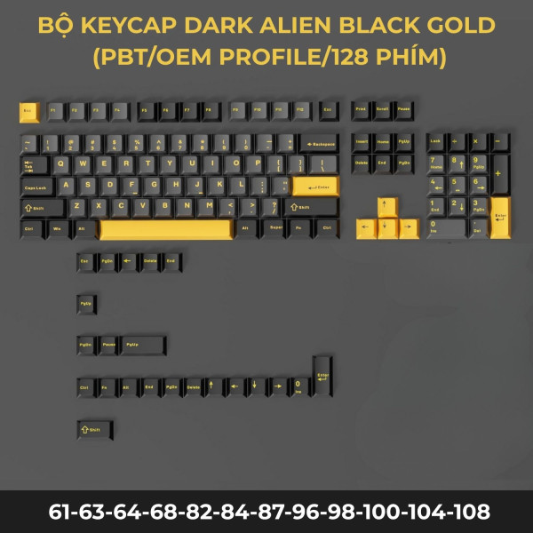 BỘ KEYCAP DARK ALIEN BLACK GOLD (PBT/OEM PROFILE/128 PHÍM)