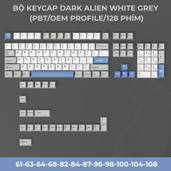 BỘ KEYCAP DARK ALIEN WHITE GREY (PBT/OEM PROFILE/128 PHÍM)