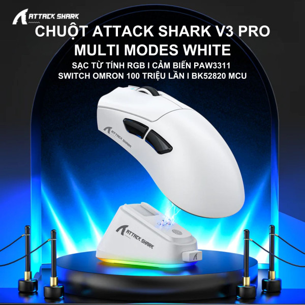 CHUỘT ATTACK SHARK V3 PRO MULTI MODES WHITE (PAW3311/65G)