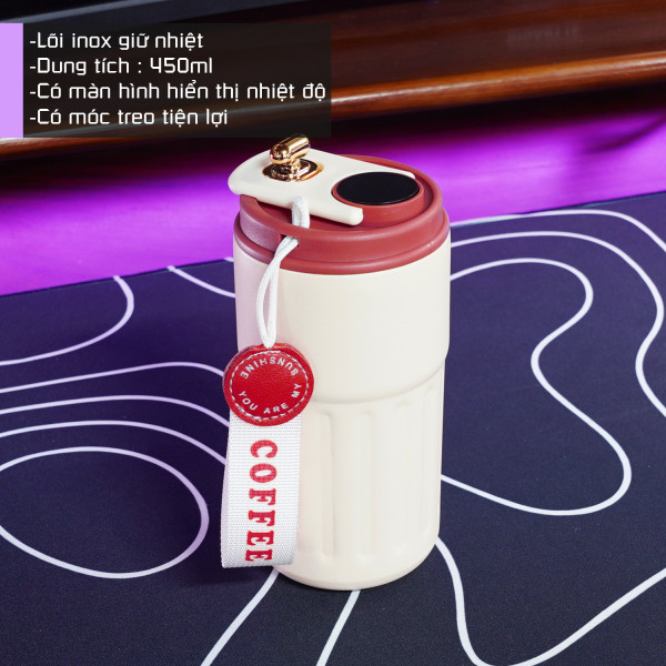 Cốc giữ nhiệt 450ml hiển thị nhiệt độ thông minh màu trắng nắp đỏ