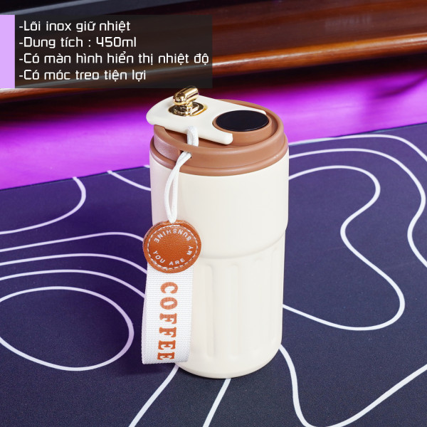 Cốc giữ nhiệt 450ml hiển thị nhiệt độ thông minh màu trắng nắp nâu