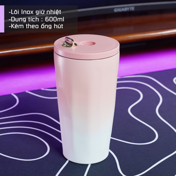 Cốc giữ nhiệt 600ml thời trang gradient trắng hồng
