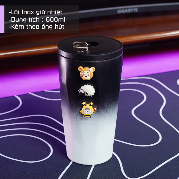 Cốc giữ nhiệt 600ml thời trang gradient trắng đen kèm sticker nổi