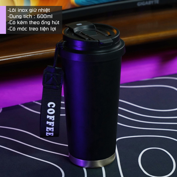 Cốc giữ nhiệt 700ml cafe văn phòng màu đen đế vàng