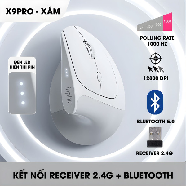 CHUỘT INPHIC X9 PRO DUAL MODE SILENT SWITCH WHITE GREY