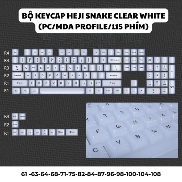 BỘ KEYCAP HEJI SNAKE CLEAR WHITE (PC/MDA PROFILE/115 PHÍM)