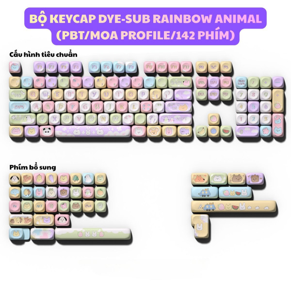 BỘ KEYCAP DYE-SUB RAINBOW ANIMAL (PBT/MOA PROFILE/142 PHÍM)