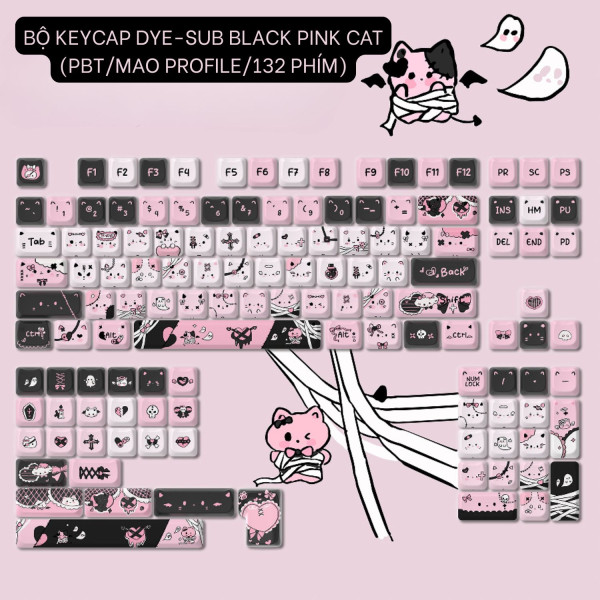 BỘ KEYCAP DYE-SUB BLACK PINK CAT (PBT/MAO PROFILE/132 PHÍM)