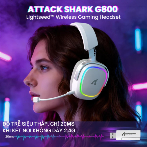TAI NGHE ATTACK SHARK G800 MULTI MODES WHITE