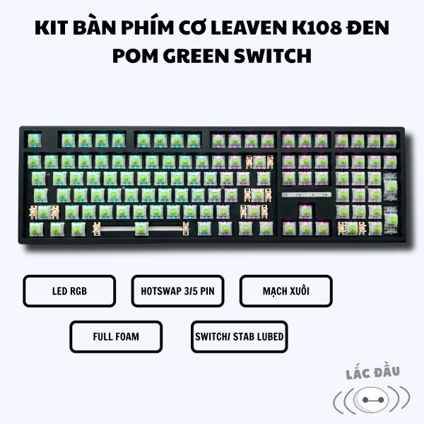 KIT BÀN PHÍM CƠ LEAVEN K108 ĐEN POM GREEN SWITCH