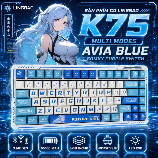 BÀN PHÍM CƠ LINGBAO K75 MULTI MODES AVIA BLUE SOMKY PURPLE SWITCH