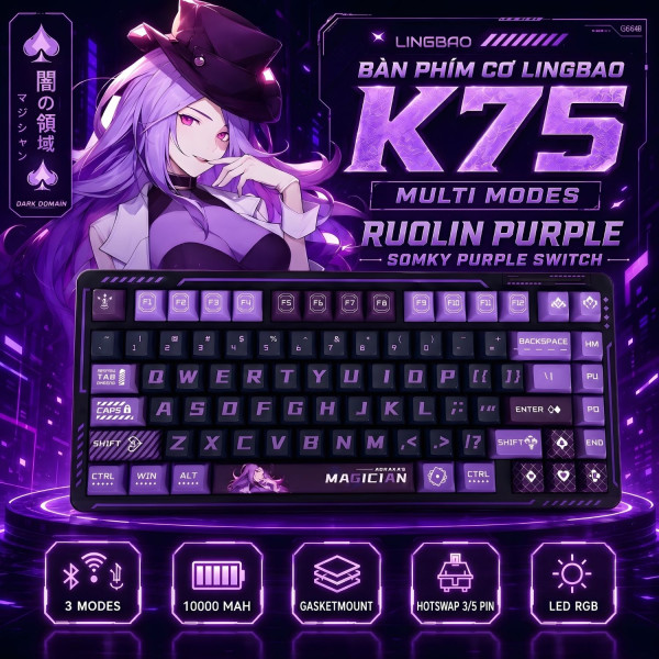 BÀN PHÍM CƠ LINGBAO K75 MULTI MODES RUOLIN PURPLE SOMKY PURPLE SWITCH