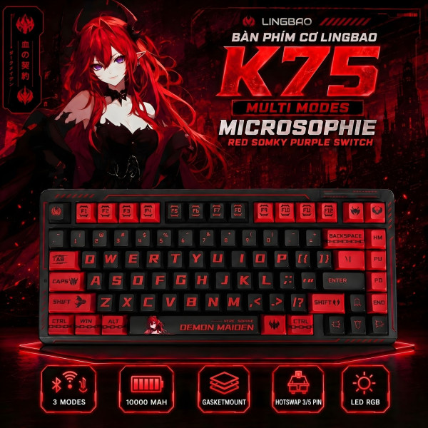 BÀN PHÍM CƠ LINGBAO K75 MULTI MODES MICROSOPHIE RED SOMKY PURPLE SWITCH