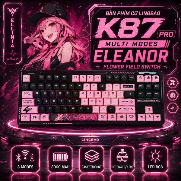 BÀN PHÍM CƠ LINGBAO K87 PRO MULTI MODES ELEANOR FLOWER FIELD SWITCH