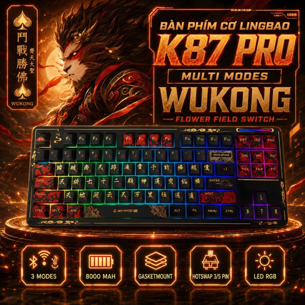 BÀN PHÍM CƠ LINGBAO K87 PRO MULTI MODES WUKONG FLOWER FIELD SWITCH
