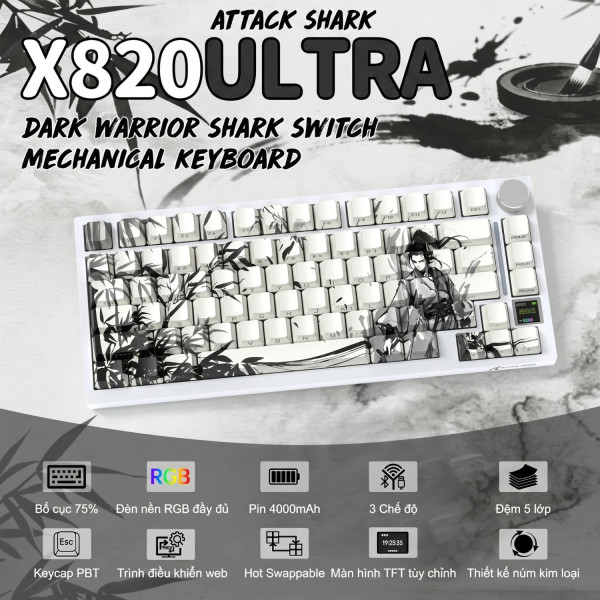 BÀN PHÍM CƠ ATTACK SHARK X820ULTRA DARK WARRIOR SHARK SWITCH