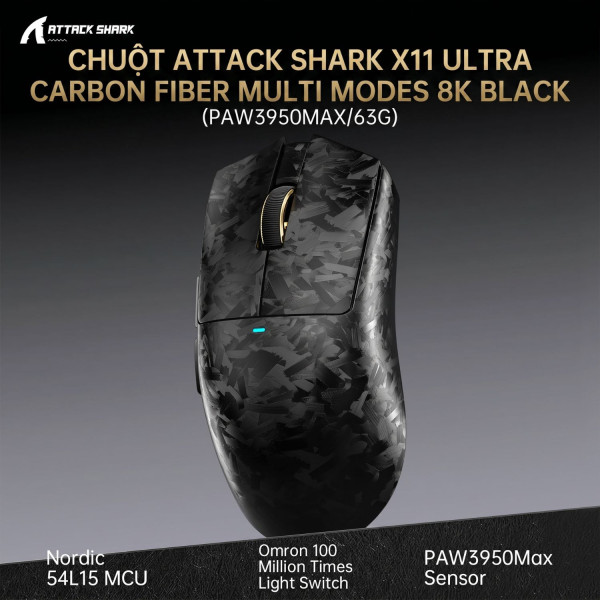 CHUỘT ATTACK SHARK X11 ULTRA CARBON FIBER MULTI MODES 8K BLACK (PAW3950MAX/63G)