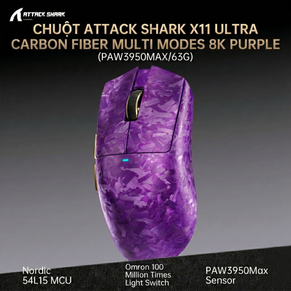 CHUỘT ATTACK SHARK X11 ULTRA CARBON FIBER MULTI MODES 8K PURPLE (PAW3950MAX/63G)