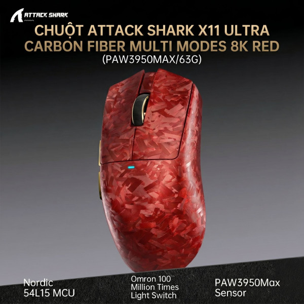 CHUỘT ATTACK SHARK X11 ULTRA CARBON FIBER MULTI MODES 8K RED (PAW3950MAX/63G)