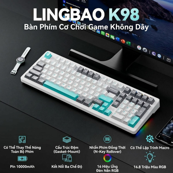 BÀN PHÍM CƠ LINGBAO K98 MULTI MODES MOUNTAIN BLUE BLUE FEATHER SWITCH