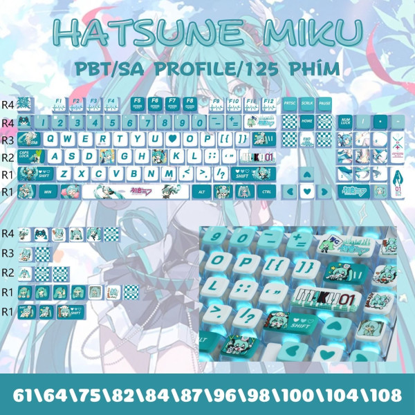 BỘ KEYCAP PUDDING SIDE TRANSPARENT HATSUNE MIKU (PBT/SAX PROFILE/125 PHÍM)