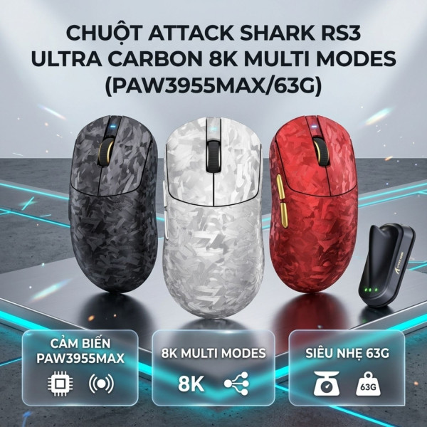 CHUỘT ATTACK SHARK RS3 ULTRA CARBON 8K MULTI MODES (PAW3955MAX/63G)
