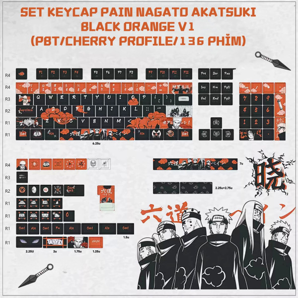 BỘ KEYCAP PAIN NAGATO AKATSUKI BLACK ORANGE V1 (PBT/CHERRY PROFILE/136 PHÍM)